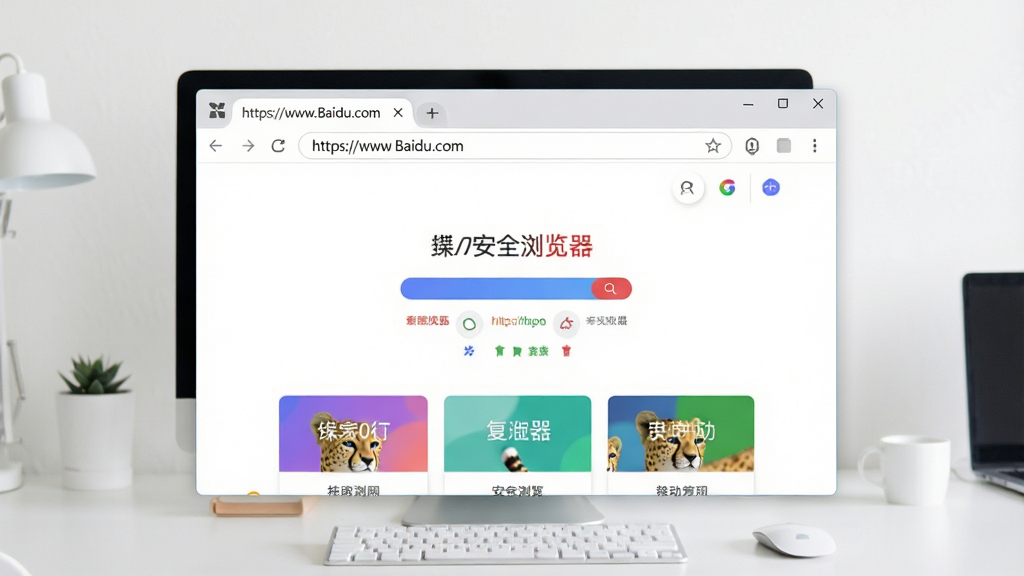 猎豹安全浏览器主界面展示,背景为现代简约的电脑桌面,浏览器窗口占据画面中心,界面干净整洁,地址栏与标签栏清晰可见,地址栏内输入“https://www.baidu.com”示意日常搜索,页面加载出彩色搜索结果缩略图,整体风格明亮,色彩鲜艳,画质高清,干净无多余元素