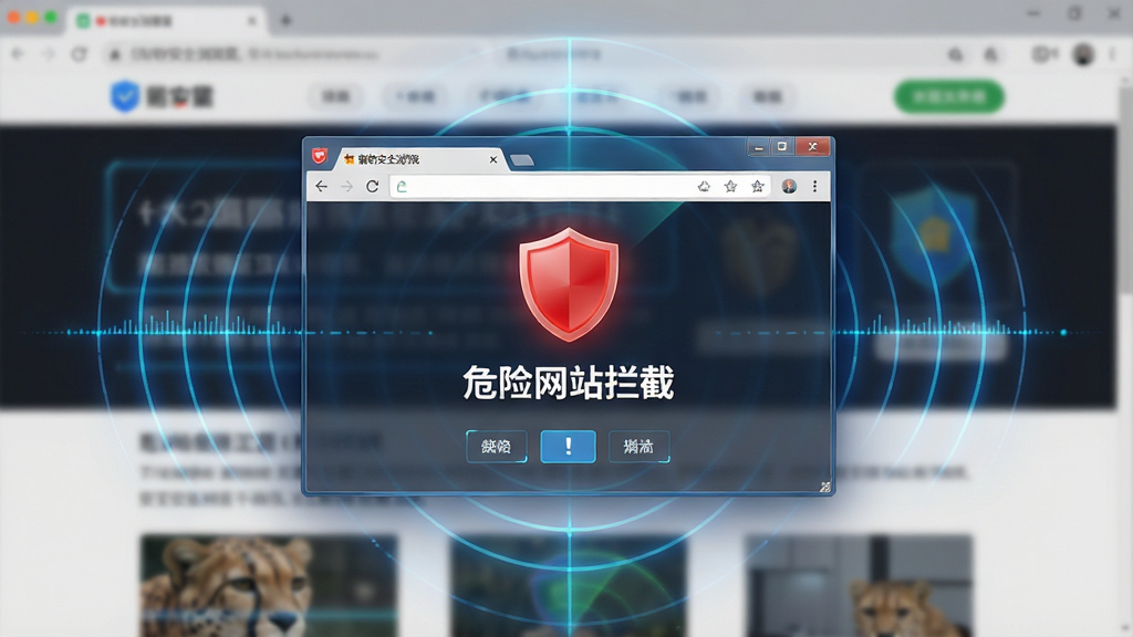 猎豹安全浏览器安全防护功能预览图,画面中央是一个放大的浏览器警告弹窗,弹窗上红色盾牌图标醒目,文字内容为“危险网站拦截”,背景是模糊的网页内容,周围有扫描线路和雷达波纹特效,风格科技感十足,画质细腻,干净无多余元素