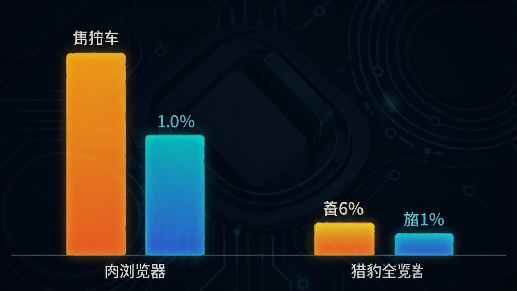猎豹安全浏览器内存占用对比图表,左侧为普通浏览器内存占用条偏高,右侧为猎豹浏览器内存占用条明显偏低,背景为深色科技风,图表颜色鲜艳,数据清晰,风格专业,画质精细,干净无多余元素