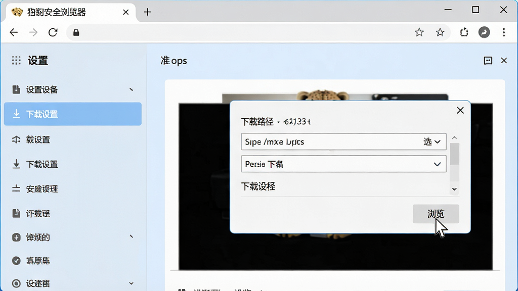 猎豹安全浏览器使用设置界面截图,画面展示浏览器“设置”页面,左侧菜单栏高亮显示“下载设置”,右侧为下载路径选择窗口,鼠标指针指向“浏览”按钮,背景为淡蓝色调,界面清晰,风格简洁,画质干净,无多余元素