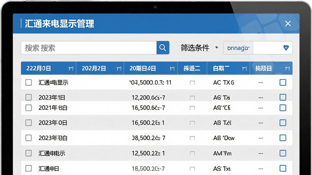 主体:汇通来电显示管理的记录管理界面,展示一个按日期排序的来电列表。布局:表格形式呈现,顶部有搜索栏和筛选条件,列表行有勾选框。排版:表头清晰,行间距适中,有“汇通来电显示管理”标识。风格:商务简洁,浅灰背景,蓝色高亮,画质高清,无多余元素。