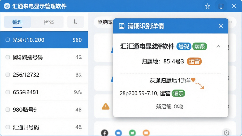 主体:汇通来电显示管理软件的号码识别界面,显示一个陌生号码的详细信息卡片。布局:左侧为号码列表,右侧为识别详情弹窗,弹窗内包含号码归属地、运营商标签。排版:界面干净,信息层级分明,号码和标签突出显示。风格:扁平化设计,蓝白主色调,清晰直观,画质细腻,无多余元素。