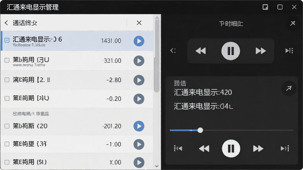 主体:汇通来电显示管理的通话录音界面,显示录音文件列表和播放控制条。布局:左侧为录音文件列表,右侧为播放器和文件信息。排版:文件名和时间清晰可见,有播放按钮。风格:简洁实用,深色播放器区域,浅色列表,画质细腻,无多余元素。
