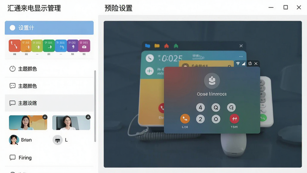 主体:汇通来电显示管理的个性化设置界面,展示主题颜色和弹窗样式的选择。布局:左侧为设置选项,右侧为预览窗口,预览窗口显示不同主题下的来电弹窗。排版:选项排列整齐,预览直观。风格:色彩丰富但协调,扁平化设计,画质高清,无多余元素。