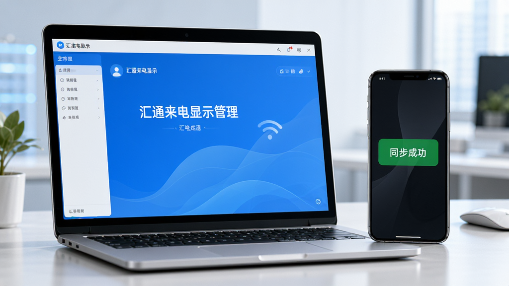 主体:一台笔记本电脑上运行汇通来电显示管理,旁边有手机屏幕显示同步提示。布局:电脑和手机并排,电脑屏幕显示软件主界面,手机屏幕上显示“同步成功”字样。排版:画面清晰,设备位置协调。风格:现代科技感,光线明亮,画质细腻,无多余元素。