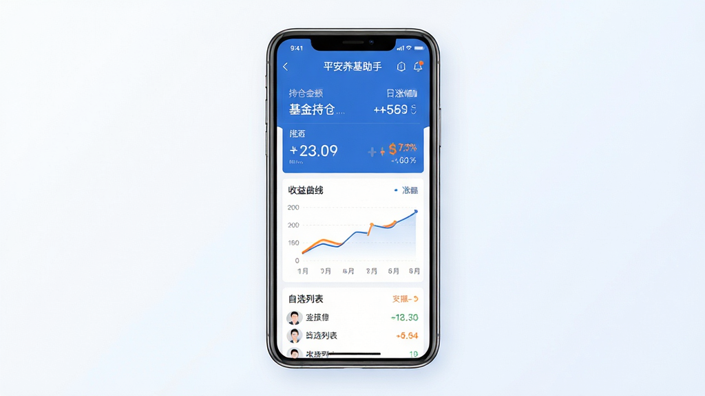 主体:平安养基助手APP主界面展示,手机屏幕中清晰显示基金持仓页、收益曲线和自选列表。布局:手机居中,屏幕内容完整可见,周围留白有浅色渐变背景。排版:界面元素整齐排列,图表与数字错落有致。风格:现代扁平化风格,主色调为蓝色与白色,搭配橙色点缀。细节:屏幕中显示“平安养基助手”字样,持仓金额、日涨幅等数据清晰可读。画质:高分辨率,干净整洁,无多余元素。
