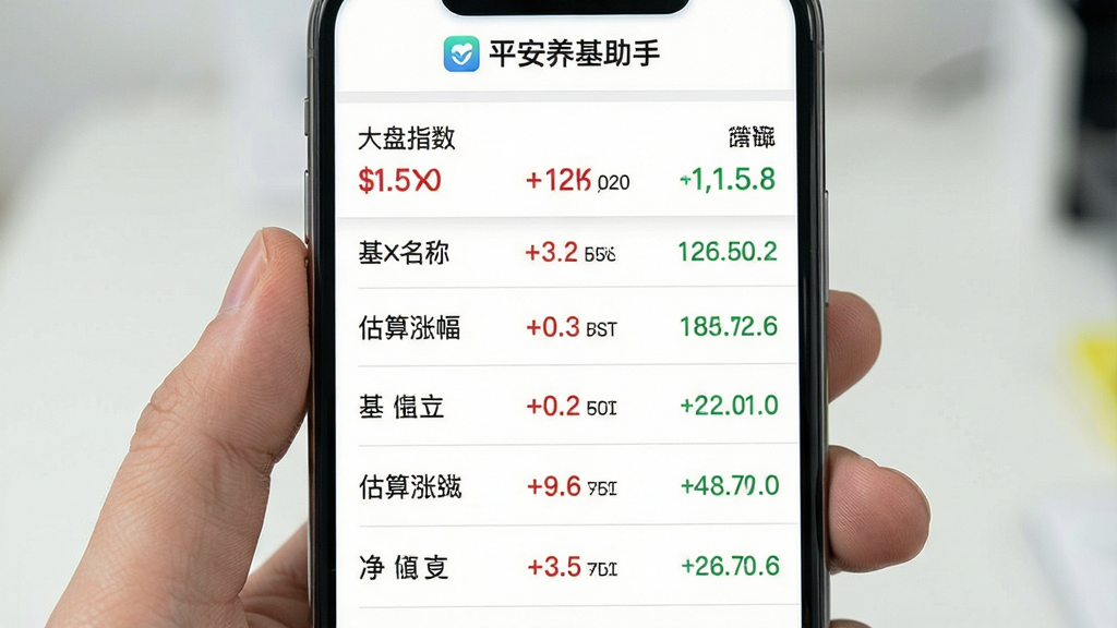 主体:手机端实时估值列表页面。布局:顶部为大盘指数,下方为基金估值列表,每行包含基金名称、估算涨跌幅和净值。排版:行距适中,涨跌颜色区分明显。风格:清爽数据风,白色背景,红色绿色数字对比。细节:列表顶部有“平安养基助手”标识,估值数据精确到小数点后两位。画质:清晰锐利,无多余元素。
