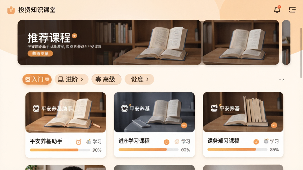 主体:投资知识课堂界面,展示课程列表与学习进度。布局:上方为推荐课程横幅,下方为分类列表,包含入门、进阶、高级等标签。排版:卡片式布局,封面图精美。风格:教育学习风,暖色系搭配,营造轻松学习氛围。细节:课程卡片上标注“平安养基助手”品牌,进度条显示学习百分比。画质:高清,色彩柔和。
