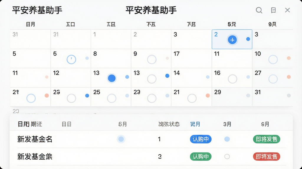 主体:新发基金日历页面展示。布局:日历视图占据上半部,下方为选中日期的基金列表。排版:日期格子里用圆点标注新发基金数量,列表展示基金名称与认购状态。风格:简约日历风,蓝色高亮当前日期。细节:日历顶部有“平安养基助手”字样,基金列表标注“认购中”、“即将发售”等标签。画质:高清,界面整洁。