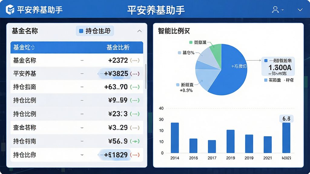 主体:智能持仓分析功能的图表展示画面。布局:左侧为基金名称与持仓比例列表,右侧为饼状图与柱状图。排版:数据标签清晰,图例分明。风格:商务简洁风,蓝白主色,数据高亮显示。细节:图表上方标注“平安养基助手”品牌名,持仓比例数字醒目。画质:高清,界面干净无杂物。