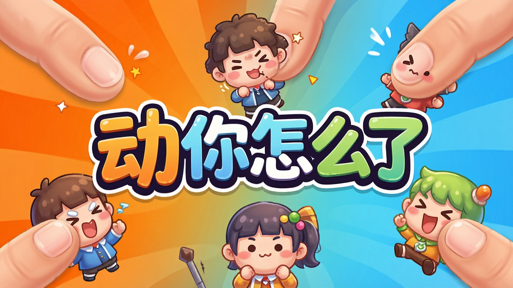 一张色彩明亮的游戏宣传图,主视觉是几个Q版卡通角色被手指戳动的搞笑瞬间,背景为活力橙与天蓝渐变,画面中央有游戏名称“动你怎么了”的艺术字,整体风格可爱俏皮,细节丰富,画质干净清晰,无多余元素
