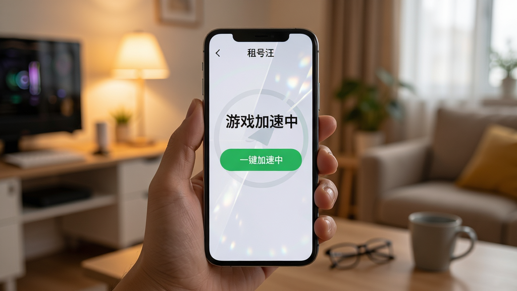 主体:用户正在使用手机操作租号汪,屏幕显示“游戏加速中”提示,背景为房间环境,布局:手机位于画面中央,周围有舒适的光线,排版:手机屏幕内显示“一键加速”按钮,风格:生活化、真实,细节:手机有反光效果,按钮为绿色,画质:高清,干净,无多余元素