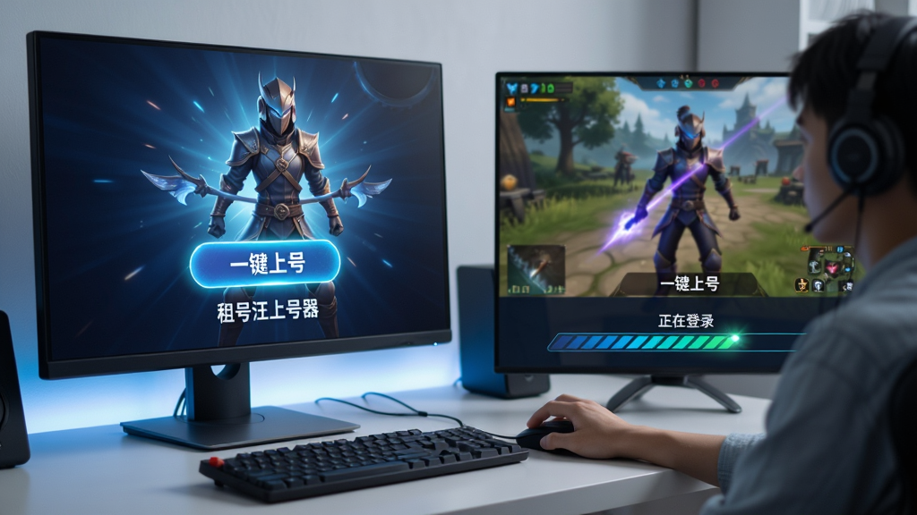 主体:电脑屏幕前,用户点击“租号汪上号器”的“一键上号”按钮,屏幕中游戏角色跃然而出,布局:左侧为电脑,右侧为游戏画面,排版:下方有“正在登录”进度条,风格:写实与科技结合,细节:按钮发光,进度条动态,画质:高清,干净,无多余元素