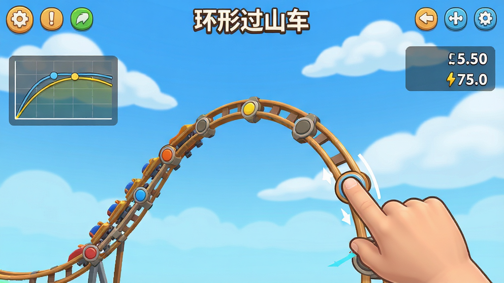 展示游戏内轨道编辑界面,玩家手指拖动轨道节点改变弧度,屏幕上有速度曲线和高度参数,背景是蓝天白云,界面简洁清晰,带有“环形过山车”字样,卡通UI风格,细节丰富,画质干净
