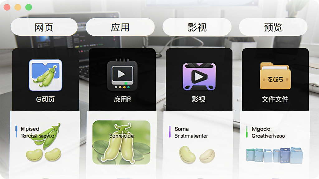 豌豆快搜软件功能预览图,画面展示其聚合搜索的多种分类标签页,如网页、应用、影视、文件,布局为横向排列,排版整齐,风格现代简约,细节突出每个标签页下的代表性结果图标,画质高清干净,无多余元素