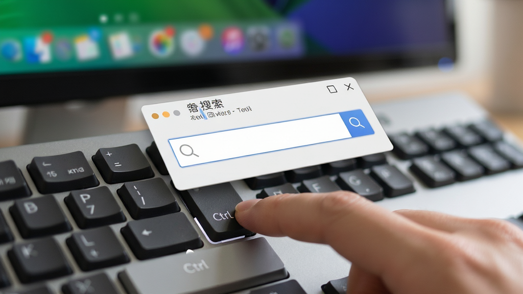 豌豆快搜使用场景示意图,画面展示用户手指在键盘上双击Ctrl键呼出搜索浮窗的动作特写,背景为模糊的电脑屏幕,布局主体突出,排版具有动感,风格写实,细节展示浮窗界面的搜索框,画质高清干净,无多余元素