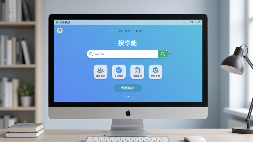 主体为豌豆快搜软件在现代化书房中的全屏运行界面展示,电脑屏幕上显示其极简的搜索主界面与分类图标,布局居中,采用扁平化设计风格,背景为干净的渐变蓝色,细节上突出搜索框与功能按钮的质感,画质清晰通透,干净无多余元素