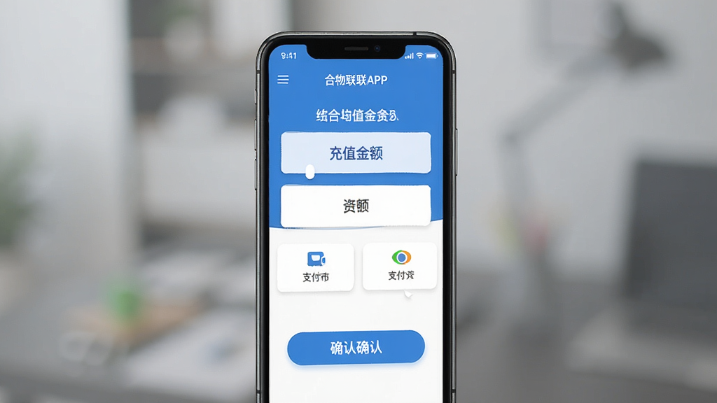 一张展示一合物联APP内充值页面的手机截图概念图,界面显示充值金额选项、支付方式图标和确认按钮,手机背景虚化处理,突出屏幕内容,整体色调以蓝色和白色为主,扁平化UI设计风格,画面干净整洁,细节清晰,画质高清
