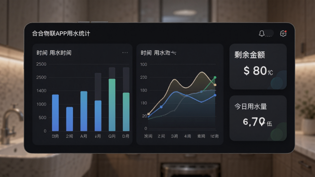 一合物联APP用水统计界面的概念设计图,屏幕上展示柱状图和折线图,显示不同时间段的用水量变化,旁边有剩余金额和今日用水量的数字卡片,整体界面采用深色主题,数据可视化效果出色,背景为模糊的室内环境,光线适中,注重细节表现,画质干净无多余元素