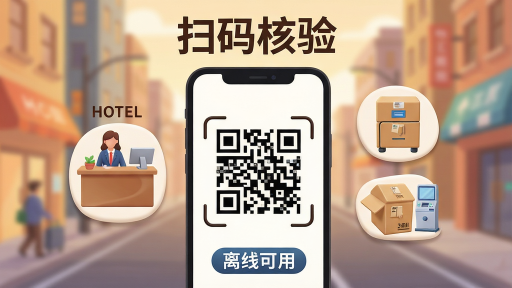 主体:123电子证件身份证多场景应用展示,一个手机屏幕显示二维码,旁边有酒店前台、快递柜等图标;布局:手机居中,背景为城市街道模糊景深;排版:上方有“扫码核验”字样,底部有“离线可用”标签;风格:场景插画风,色彩温暖;细节:二维码清晰,场景图标立体;画质:高清,干净,无多余元素
