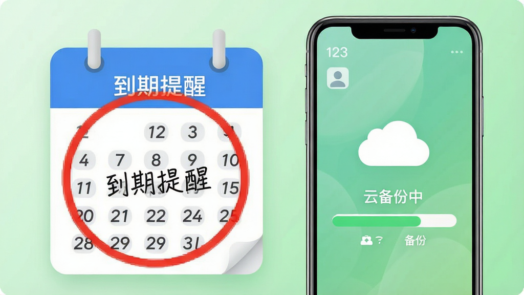 主体:123电子证件身份证到期提醒功能,一个日历图标上标注红色圆圈,旁边有手机屏幕显示云备份进度条;布局:日历在左,手机在右,背景为浅绿色渐变;排版:日历上有“到期提醒”字样,手机屏幕有“云备份中”进度;风格:简约商务风;细节:日历上的日期为数字,云备份图标为白色云朵;画质:高清,干净,无多余元素