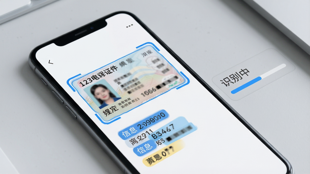 主体:123电子证件身份证智能识别功能,一部手机拍摄一张身份证,屏幕自动框选信息区域;布局:手机斜放,背景为浅灰色桌面,右侧有识别进度条;排版:界面显示“识别中”字样,信息字段逐条高亮;风格:写实风格,光线柔和;细节:身份证上的姓名和号码被打码处理,识别框为蓝色;画质:高清,干净,无多余元素