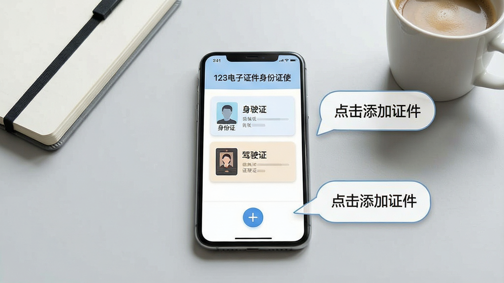 主体:123电子证件身份证使用指南场景,一部手机放在桌上,屏幕显示证件列表,旁边有操作提示气泡;布局:手机居中,背景为浅灰色办公室桌面,有笔记本和咖啡杯;排版:气泡上有“点击添加证件”字样;风格:清新自然,光线充足;细节:气泡指向“+”按钮,手机屏幕有“身份证”“驾驶证”卡片;画质:高清,干净,无多余元素