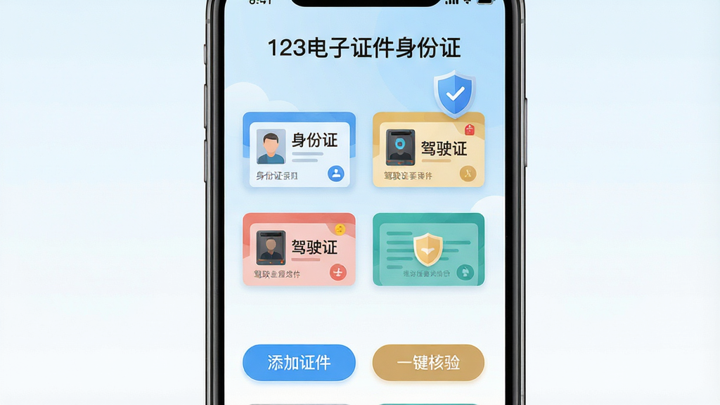 主体:123电子证件身份证软件界面展示,一部智能手机屏幕中央显示证件管理主界面,包含身份证、驾驶证等卡片图标,背景为淡蓝色渐变;布局:手机位于画面中心,四周留白,顶部有软件名称“123电子证件身份证”字样;排版:界面图标整齐排列,下方有“添加证件”“一键核验”按钮;风格:扁平化设计,现代感强,色彩明亮;细节:卡片上印有“身份证”“驾驶证”字样,背景有盾牌安全图标;画质:高清渲染,干净,无多余元素