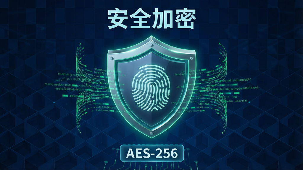 主体:123电子证件身份证安全加密功能展示,一个盾牌图标内嵌指纹图案,四周有数据流线条;布局:盾牌居中,背景为深蓝色科技感网格;排版:上方有“安全加密”字样,下方有“AES-256”标签;风格:科技感,立体感强;细节:盾牌边缘有发光效果,数据流呈绿色;画质:高清渲染,干净,无多余元素