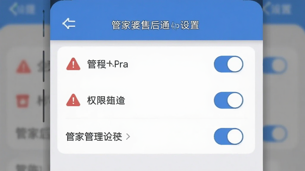 主体为管家婆售后通App设置界面,显示权限管理选项,背景为手机截图,布局居中,排版简洁,风格扁平,细节包含红色警告图标和蓝色开关,画质清晰,干净无多余元素