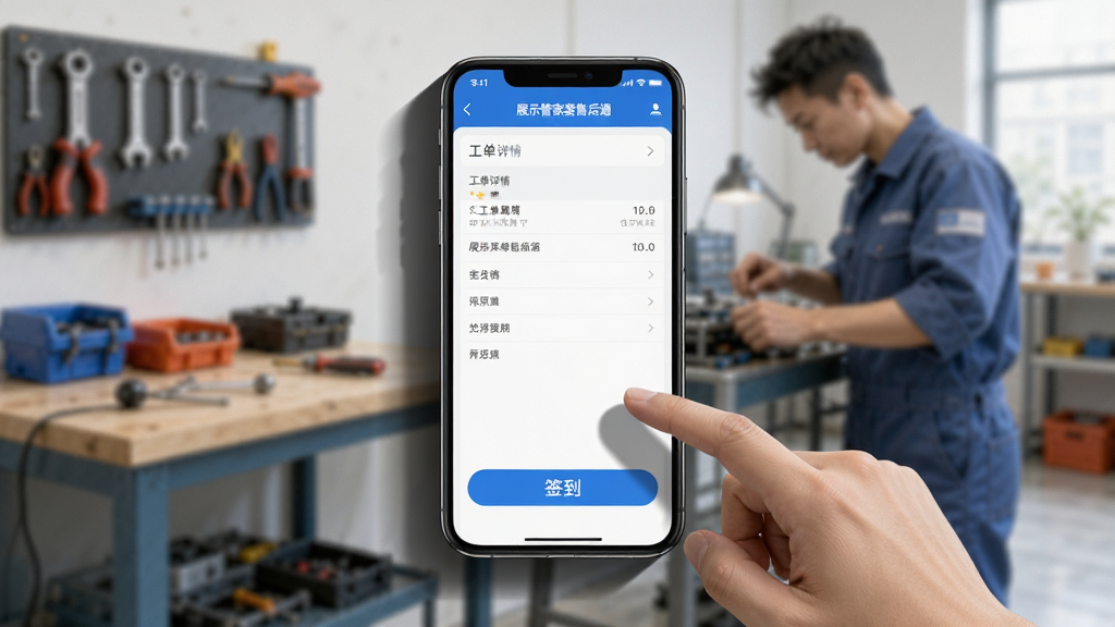 主体为手机展示管家婆售后通App,屏幕显示工单详情和签到按钮,背景为维修场景,布局中心构图,排版简洁,风格写实,细节包含手机阴影和操作手势,画质高清,干净无多余元素