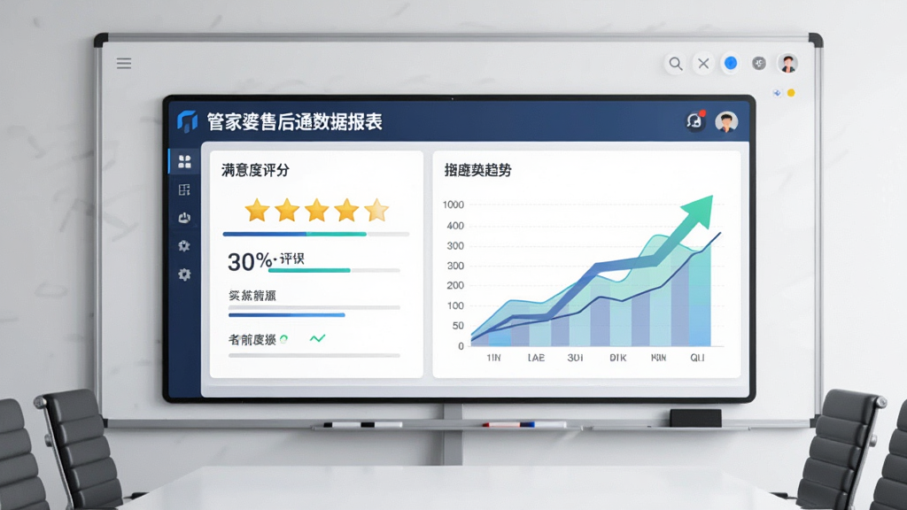 主体为管家婆售后通数据报表界面,显示满意度评分和趋势图,背景为会议室白板,布局上下结构,排版专业,风格商务,细节包含五星好评图标和上升箭头,画质清晰,干净无多余元素