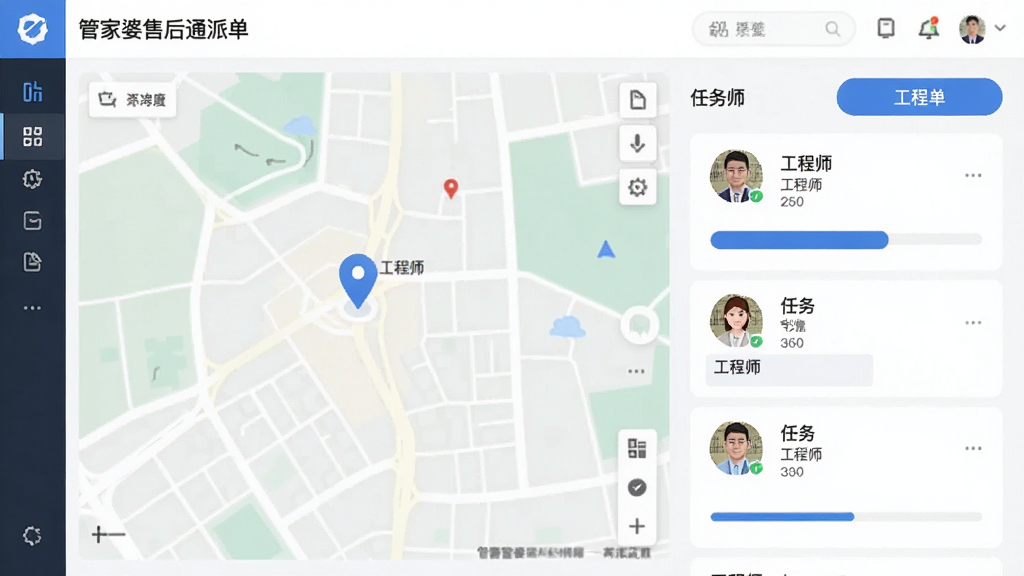 主体为管家婆售后通派单界面,显示地图定位、工程师头像和任务卡片,布局左右分栏,排版规整,风格扁平化,细节包含蓝色派单按钮和进度条,画质清晰,干净无多余元素