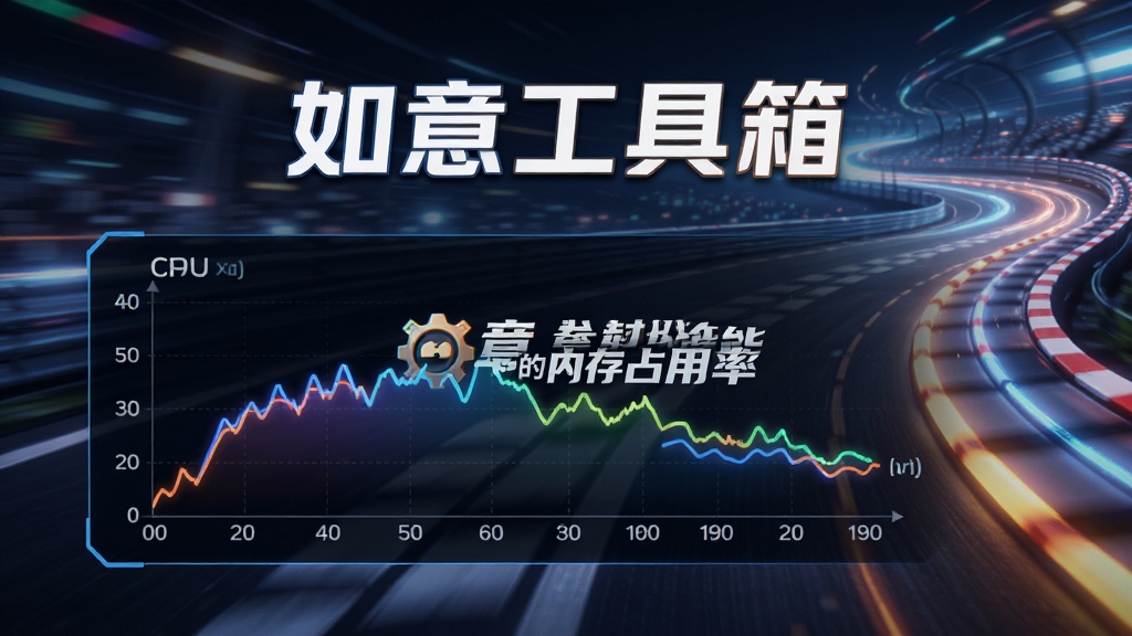 展示“如意工具箱”性能优化功能,主体为CPU与内存占用率实时曲线图,背景为赛道元素,寓意极速,风格动感,色彩鲜明,包含“如意工具箱”logo水印,高清。