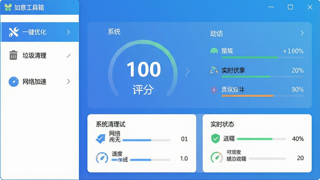 主体为“如意工具箱”软件主界面截图风格,展示其简洁明亮的仪表盘布局,左侧功能列表包含“一键优化”、“垃圾清理”、“网络加速”等模块,中央区域显示系统评分与实时状态,整体配色以蓝色渐变为主,扁平化设计,高清画质,干净无多余元素,文字标注“如意工具箱”名称。