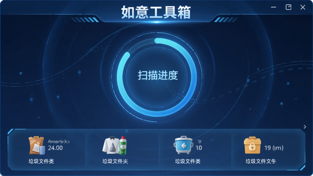 展示“如意工具箱”垃圾清理功能运行界面,主体为扫描进度环形图,下方列出各类垃圾文件分类图标及大小,整体风格科技感,蓝色光效,画面干净,突出“如意工具箱”品牌字样。