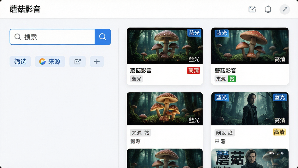 主体:蘑菇影音软件的资源搜索界面,显示“搜索”输入框和下方排列的多个视频资源卡片,布局:左右对称,左侧为搜索栏和筛选标签,右侧为资源列表,排版:卡片式布局,每张卡片显示影片封面、名称、清晰度标签和来源站标识,风格:简洁的列表设计,蓝白配色,细节:搜索框内有放大镜图标,资源卡片上有“蓝光”、“高清”等角标,画质:细腻清晰,干净无多余元素,突出软件名称“蘑菇影音”的搜索功能。