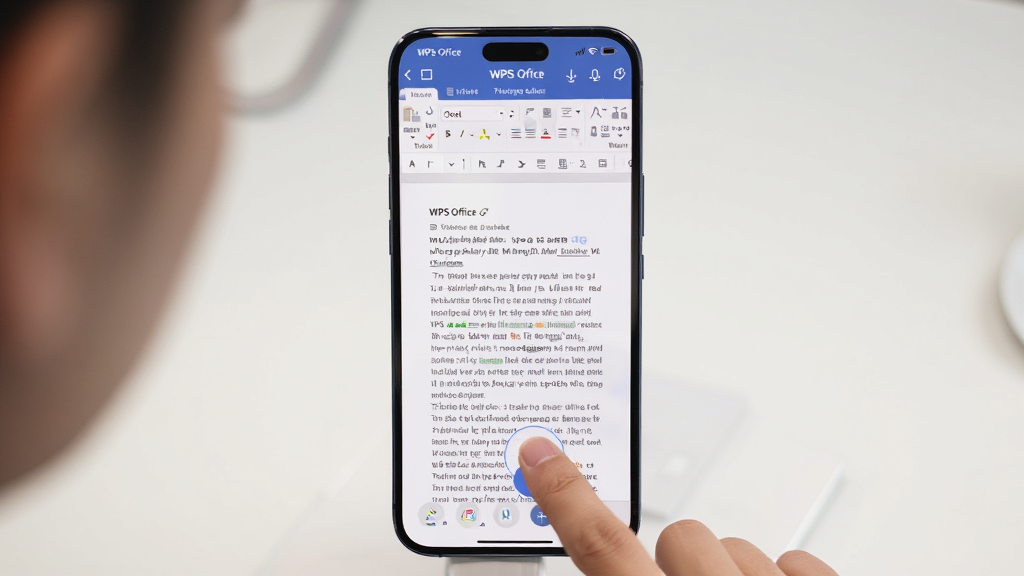 一幅展示用户在使用手机版 WPS Office 编辑文档的场景,主体为手机屏幕上显示 WPS 编辑界面,布局为手机居中,排版简洁,风格写实,细节包括手指点击屏幕、文档内容可见,画质清晰干净,无多余元素