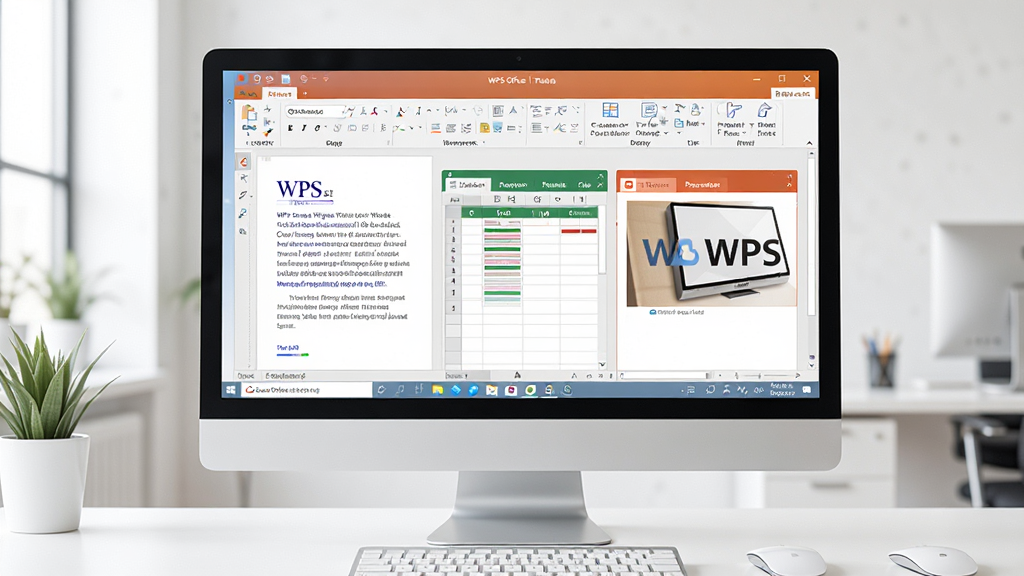 一幅展示 WPS Office 软件界面全貌的现代办公场景图,主体为电脑屏幕上打开的 WPS 文字、表格、演示三个模块,布局清晰,排版整洁,风格简约明亮,细节包括任务栏图标、云文档同步状态,画质高清干净,无多余元素