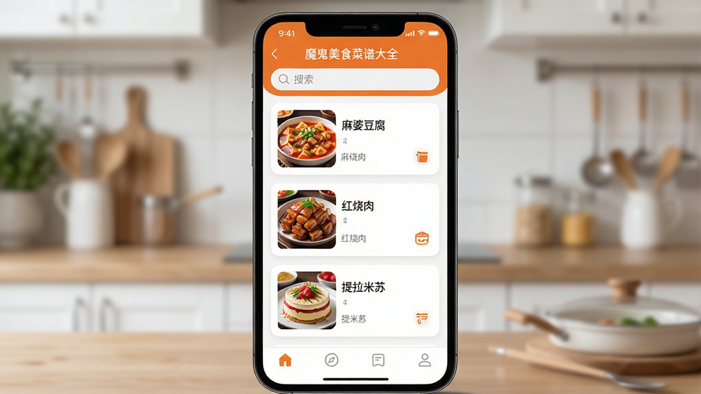 主体:手机屏幕界面展示“魔鬼美食菜谱大全”的菜谱列表页,列表项带缩略图与菜名。布局:手机位于画面中央,屏幕朝前,背景为虚化的厨房环境。排版:屏幕内列表清晰,顶部搜索栏,中部为卡片式菜谱条目,底部导航栏。风格:现代简约UI风格,界面以白色和橙色为主色调,图标线条流畅。细节:屏幕中显示“麻婆豆腐”、“红烧肉”、“提拉米苏”等菜名,每道菜配有小图,色彩诱人。画质:高清,界面干净,无多余元素。