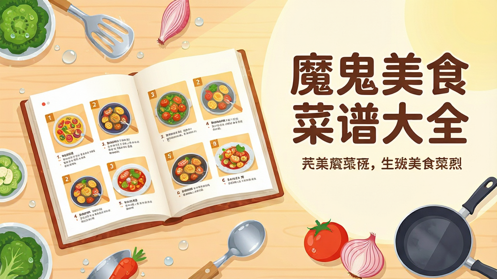 主体:一本打开的美食菜谱书,书页上浮现出色彩鲜艳的菜肴图片,周围环绕着各种食材和厨具。布局:菜谱书位于画面中央偏左,右侧留白区域标注“魔鬼美食菜谱大全”字样,下方摆放番茄、洋葱、平底锅等元素。排版:标题采用圆润的艺术字体,置于顶部,下方分布小字副标题,整体层次分明。风格:扁平插画风,明亮温馨的暖色调,背景为浅木色桌面纹理,搭配淡黄色柔和光线,画面干净无杂物。细节:菜谱页面上有清晰的分步图解小图,食材新鲜带水珠,厨具反光质感细腻。画质:高清,干净,无多余元素。