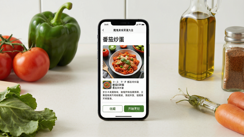 主体:一部智能手机平放在厨房台面上,屏幕显示“魔鬼美食菜谱大全”的菜谱详情页,旁边摆放着新鲜蔬菜和调味瓶。布局:手机居中,屏幕内容清晰可见,周围布置有番茄、青椒、橄榄油瓶等。排版:屏幕内上方为菜名“番茄炒蛋”,下方为步骤图与文字说明,底部有“收藏”“开始烹饪”按钮。风格:写实摄影,自然光,浅色背景,干净整洁。细节:手机屏幕中步骤图清晰,食材颜色鲜艳。画质:高清,无多余元素。