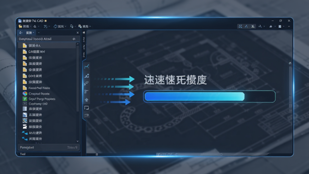 豹图CAD软件打开大图纸的对比界面,左侧为文件列表,右侧显示图纸加载进度条,背景为模糊的工程图纸,强调速度快,风格科技感,蓝色光线装饰,画质干净,无多余元素