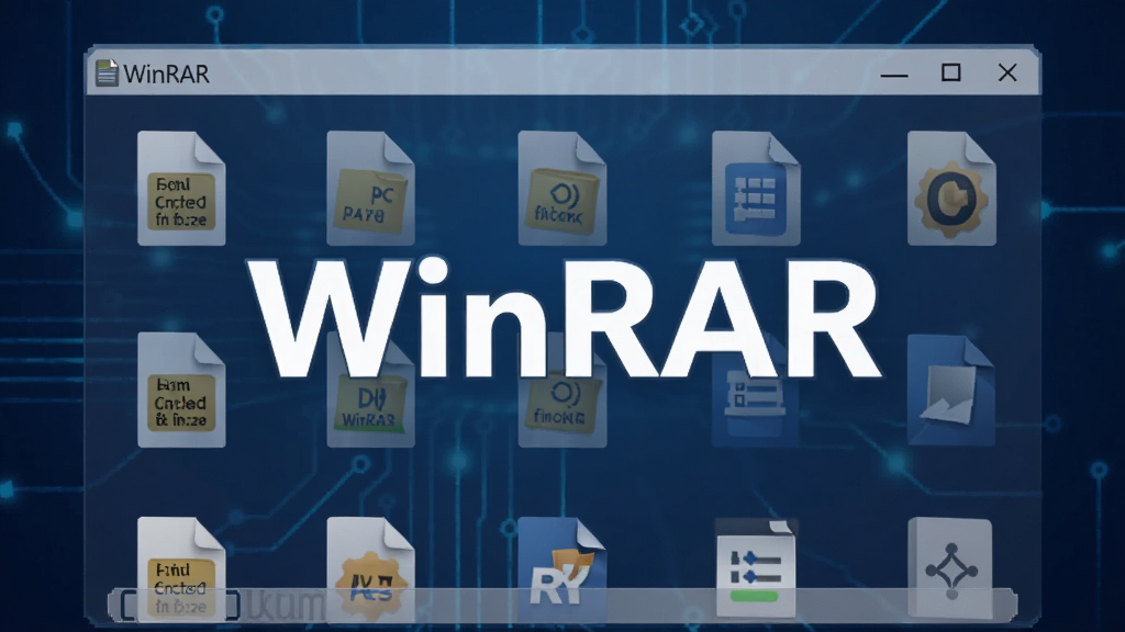 主视觉展示WinRAR软件界面,背景为深蓝色科技感渐变,界面窗口显示多个压缩包文件图标,中间突出“WinRAR”品牌字样,整体布局居中,风格简洁大气,画质清晰干净,无多余元素