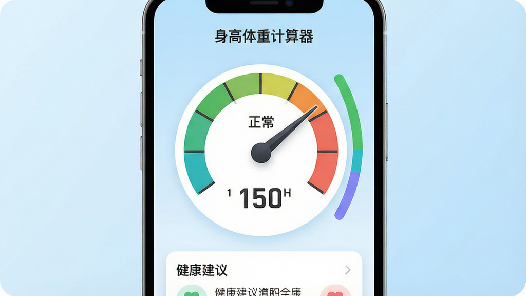 一幅展示手机应用界面的高清渲染图,应用名称为“身高体重计算器”,界面中央显示一个大型的BMI数值表盘,表盘指针指向“正常”区域,旁边有彩色进度条显示不同体态区间,背景为浅蓝色渐变,界面下方有“健康建议”文字卡片,整体设计现代简约,色彩柔和,画质清晰,细节丰富,无多余元素