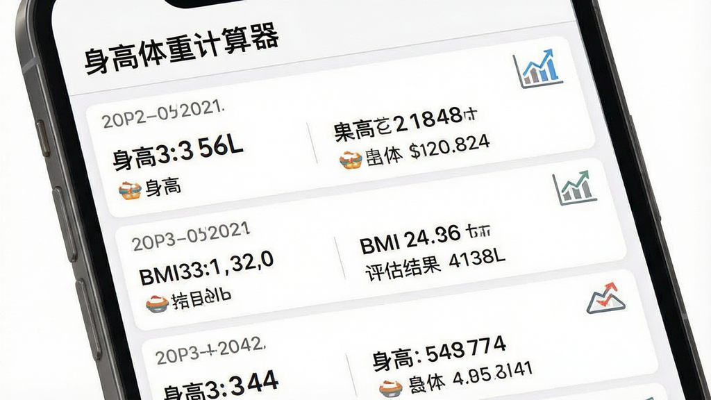 一张展示历史记录列表的手机截图,界面顶部有“身高体重计算器”字样,下方是一列按日期排列的数据卡片,每张卡片上显示身高、体重、BMI值和评估结果,卡片之间用浅灰色分隔线隔开,右上角有一个“趋势图”图标,背景为白色,整体风格清爽简洁,画质高清,细节丰富,无多余元素