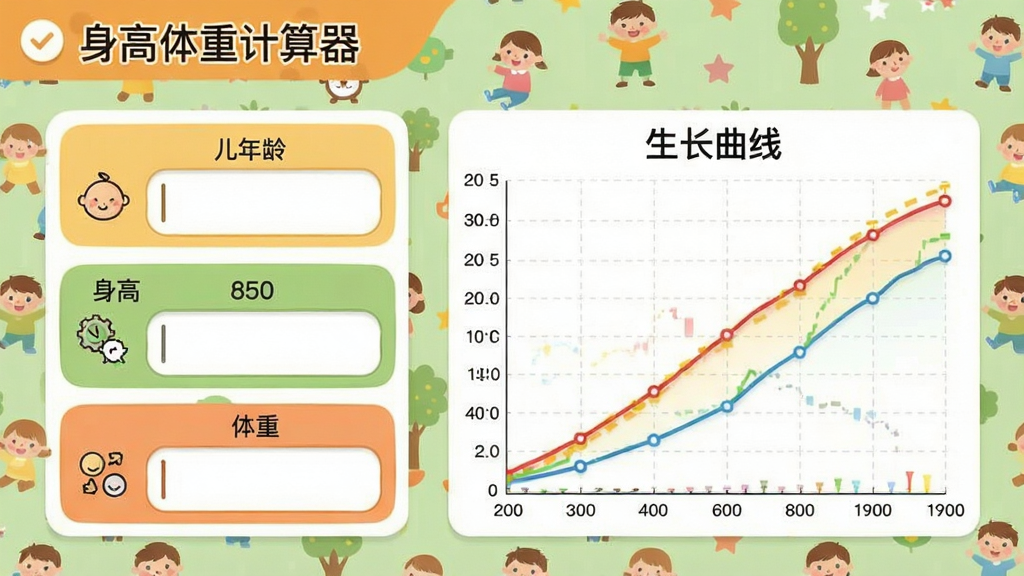 一张展示儿童身高体重计算功能的界面截图,应用名称为“身高体重计算器”,界面左侧是儿童年龄、身高、体重的输入栏,右侧是一个彩色折线图,图上标注着“生长曲线”字样,背景为淡绿色的儿童风格壁纸,整体色调温馨活泼,画质清晰,细节丰富,无多余元素