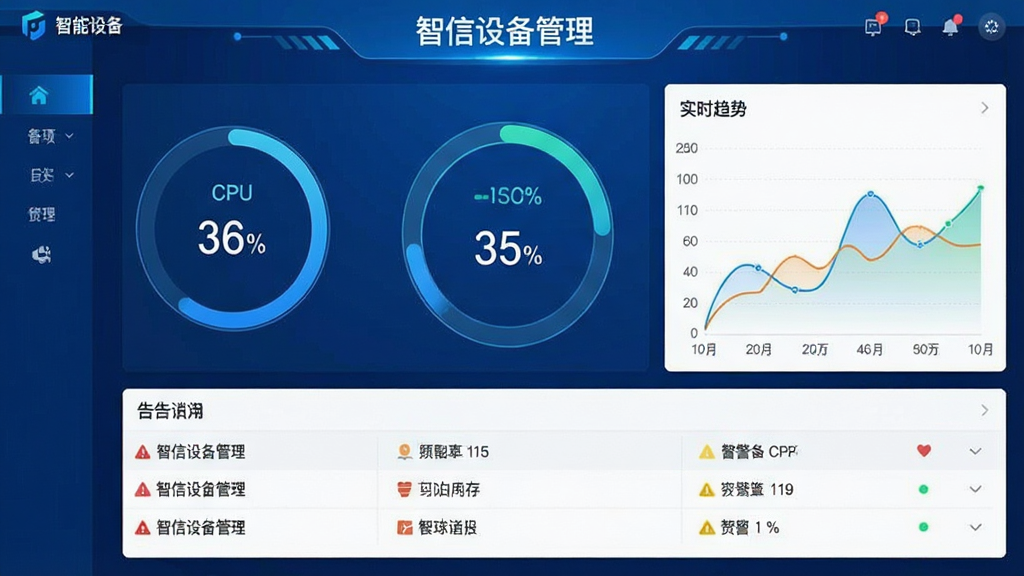 一张智能设备监控仪表盘界面,中央显示CPU、内存、磁盘等环形进度条,旁边有折线图展示实时趋势,底部有告警列表,界面风格科技蓝,文字标注“智信设备管理”,画面干净清晰