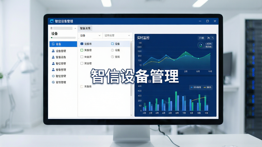 一张现代科技感的电脑桌面截图,画面中央是智信设备管理软件主界面,左侧设备列表,右侧实时监控图表,整体以深蓝色和白色为主色调,界面简洁清晰,文字标注“智信设备管理”,画质高清,干净无多余元素