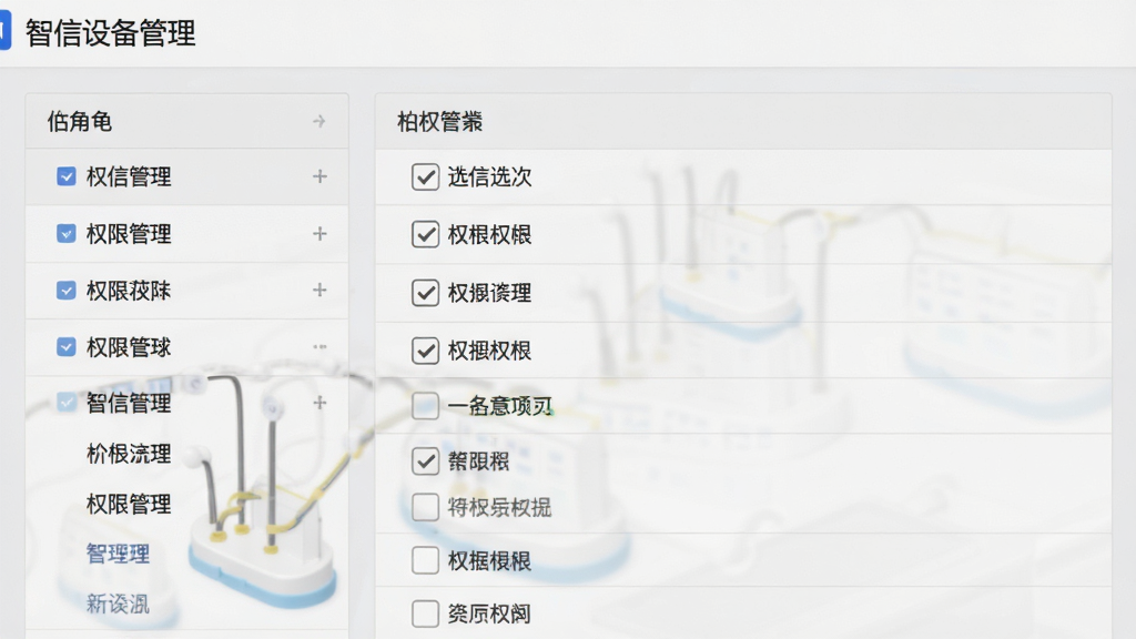 一张权限管理界面截图,左侧角色列表,右侧勾选权限项,界面以浅灰色为主,文字标注“智信设备管理”,画质清晰,风格简洁商务